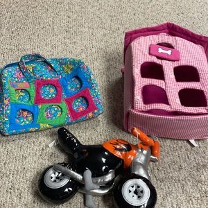 Lot -Plush House, Plush Carrier, and Build A Bear Motorcycle